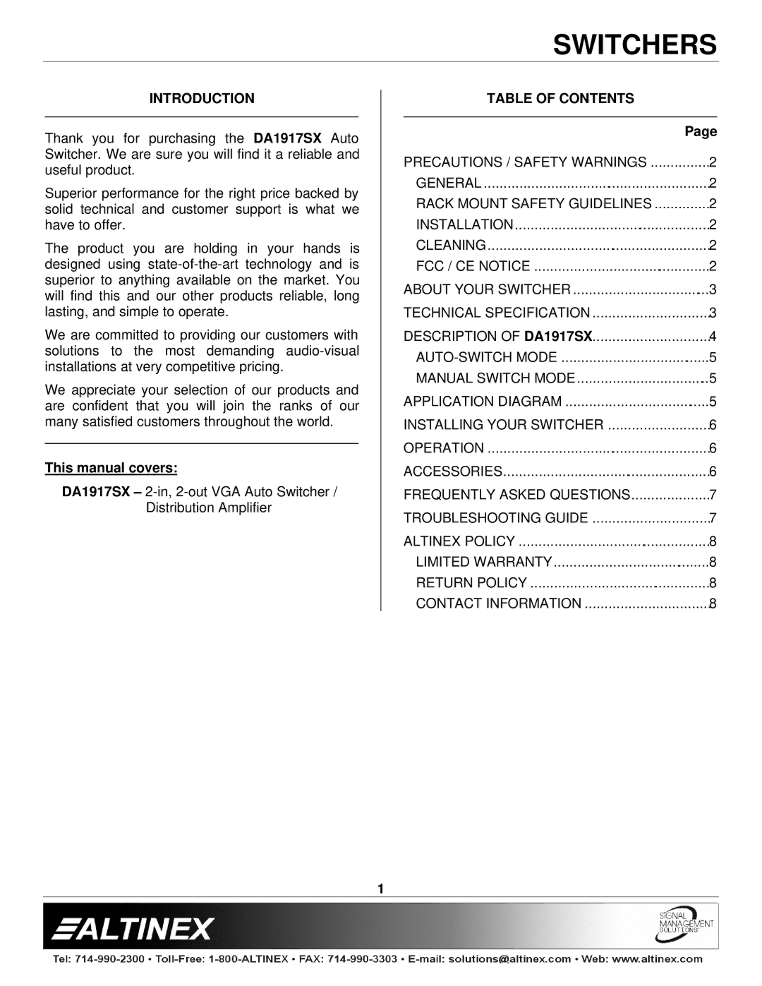 Altinex DA1917SX manual Introduction, Table of Contents 