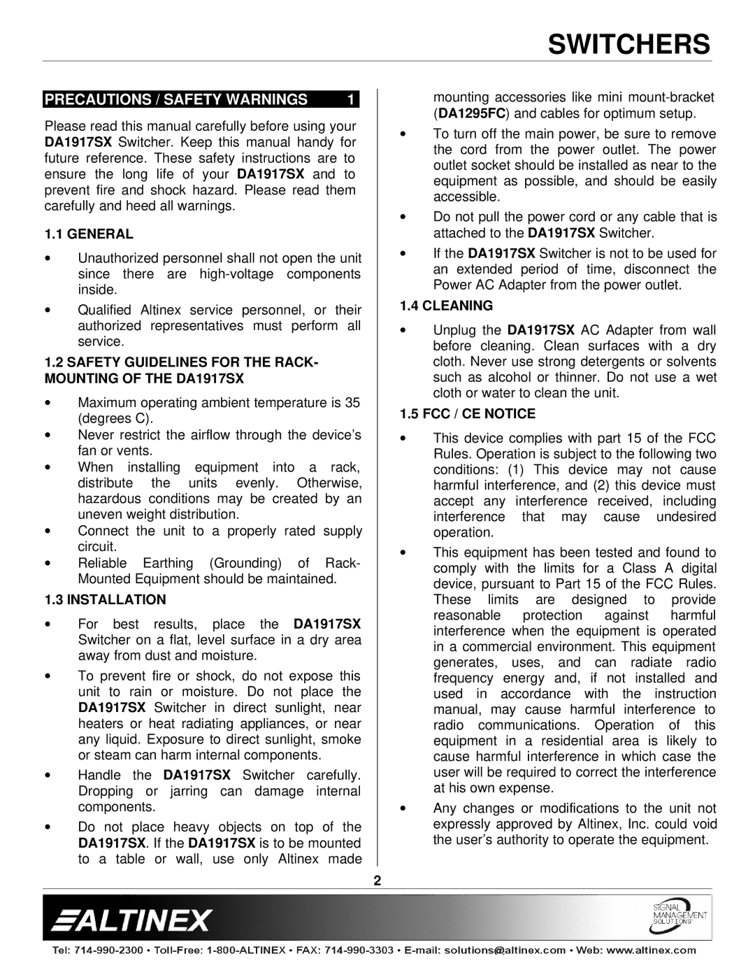 Altinex DA1917SX manual Precautions / Safety Warnings 