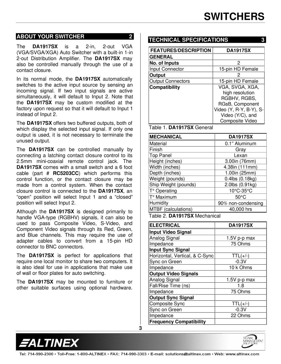 Altinex DA1917SX manual About Your Switcher, Technical Specifications 