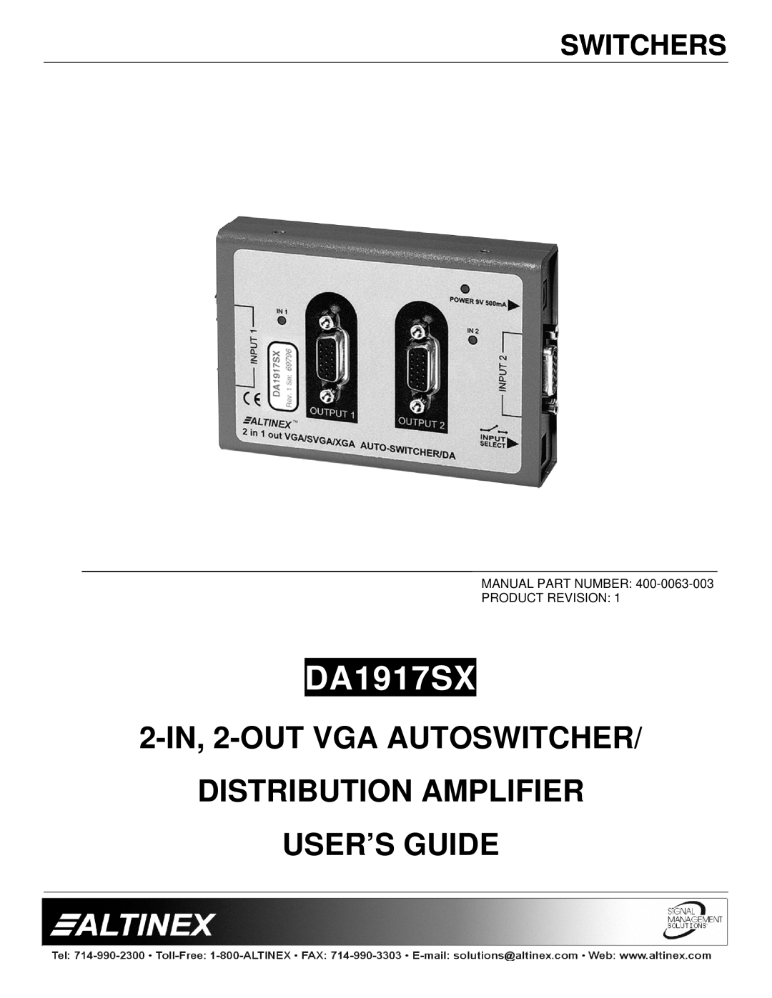 Altinex DA1917SX manual Switchers, 2-IN, 2-OUT VGA AUTOSWITCHER DISTRIBUTION AMPLIFIER USER’S GUIDE 