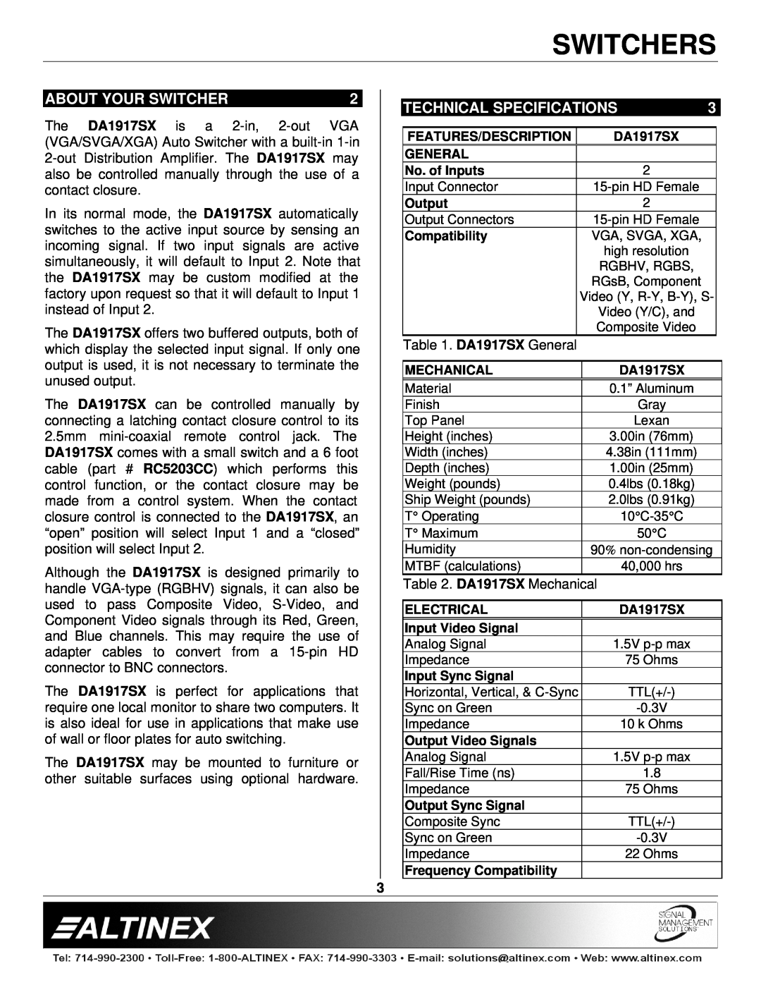Altinex DA1917SX manual About Your Switcher, Technical Specifications, Switchers 