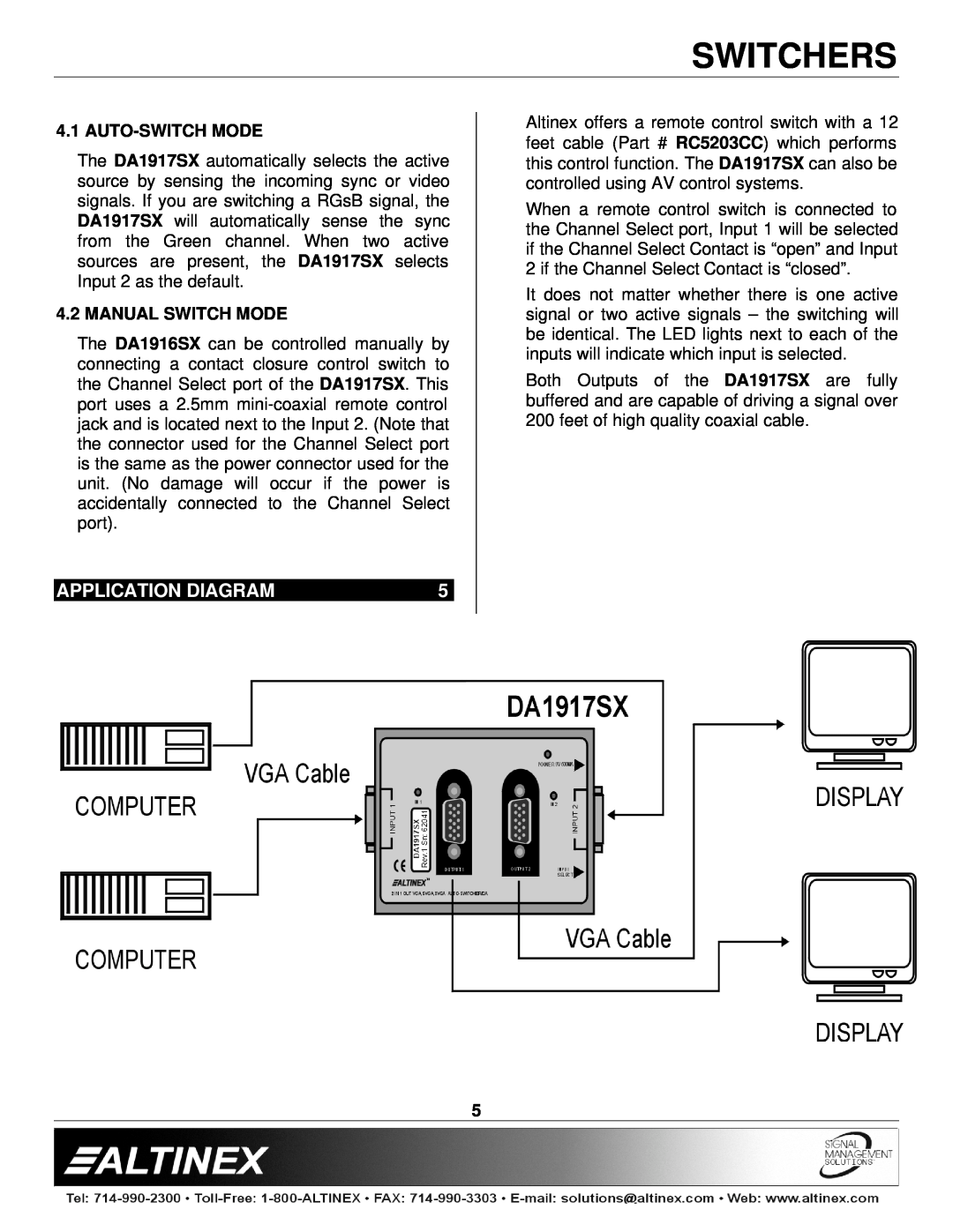 Altinex DA1917SX manual Application Diagram, Auto-Switch Mode, Manual Switch Mode, Switchers 