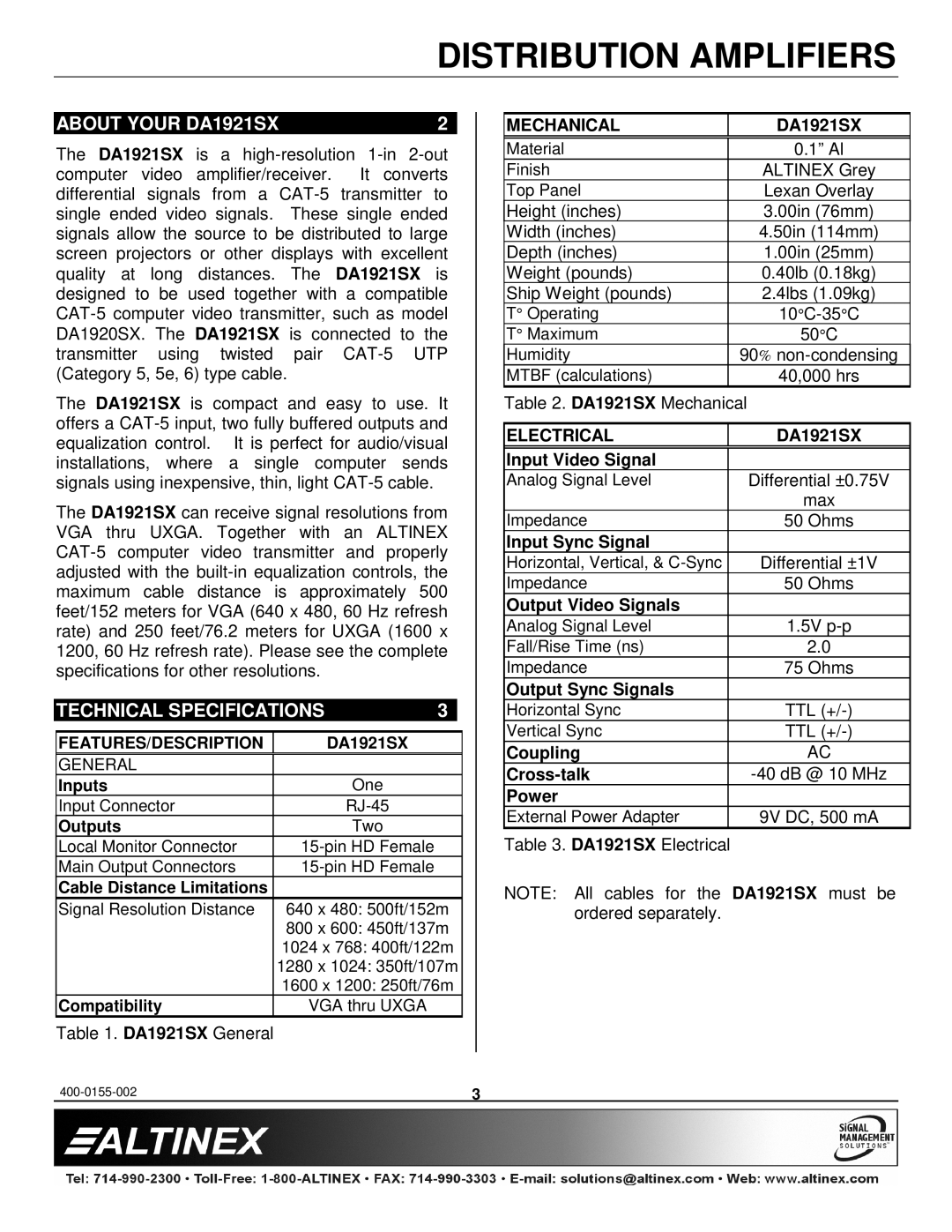 Altinex manual About Your DA1921SX, Technical Specifications, Mechanical, Electrical 