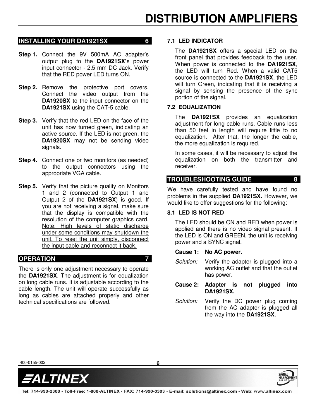 Altinex manual Installing Your DA1921SX, Operation, Troubleshooting Guide 