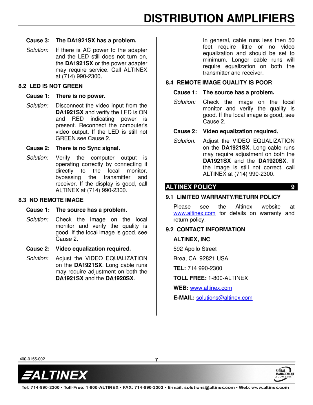 Altinex DA1921SX manual Altinex Policy, LED is not Green, No Remote Image, Limited WARRANTY/RETURN Policy 