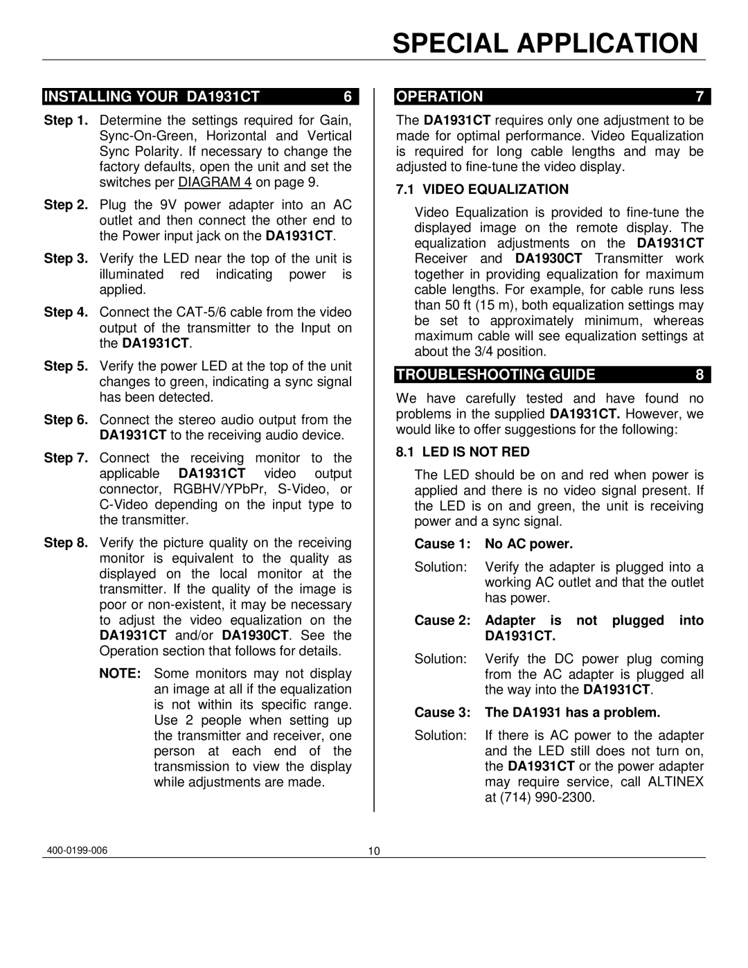 Altinex manual Installing Your DA1931CT, Operation, Troubleshooting Guide, Video Equalization, LED is not RED 