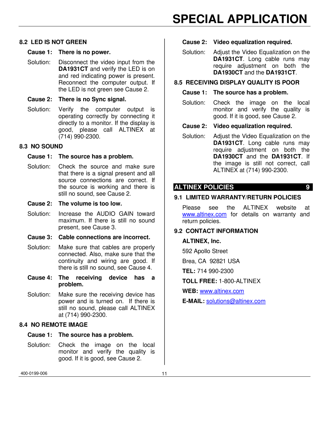 Altinex DA1931CT manual Altinex Policies, LED is not Green, No Sound, No Remote Image, Limited WARRANTY/RETURN Policies 