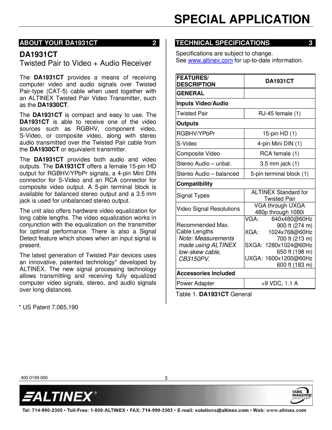 Altinex manual About Your DA1931CT, Technical Specifications 