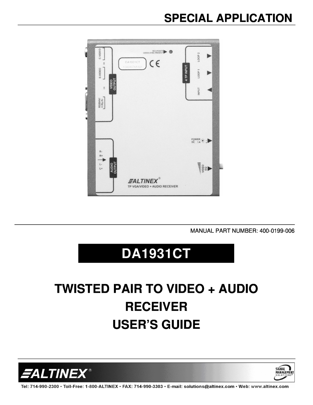 Altinex DA1931CT manual Special Application, Twisted Pair To Video + Audio Receiver, User’S Guide 