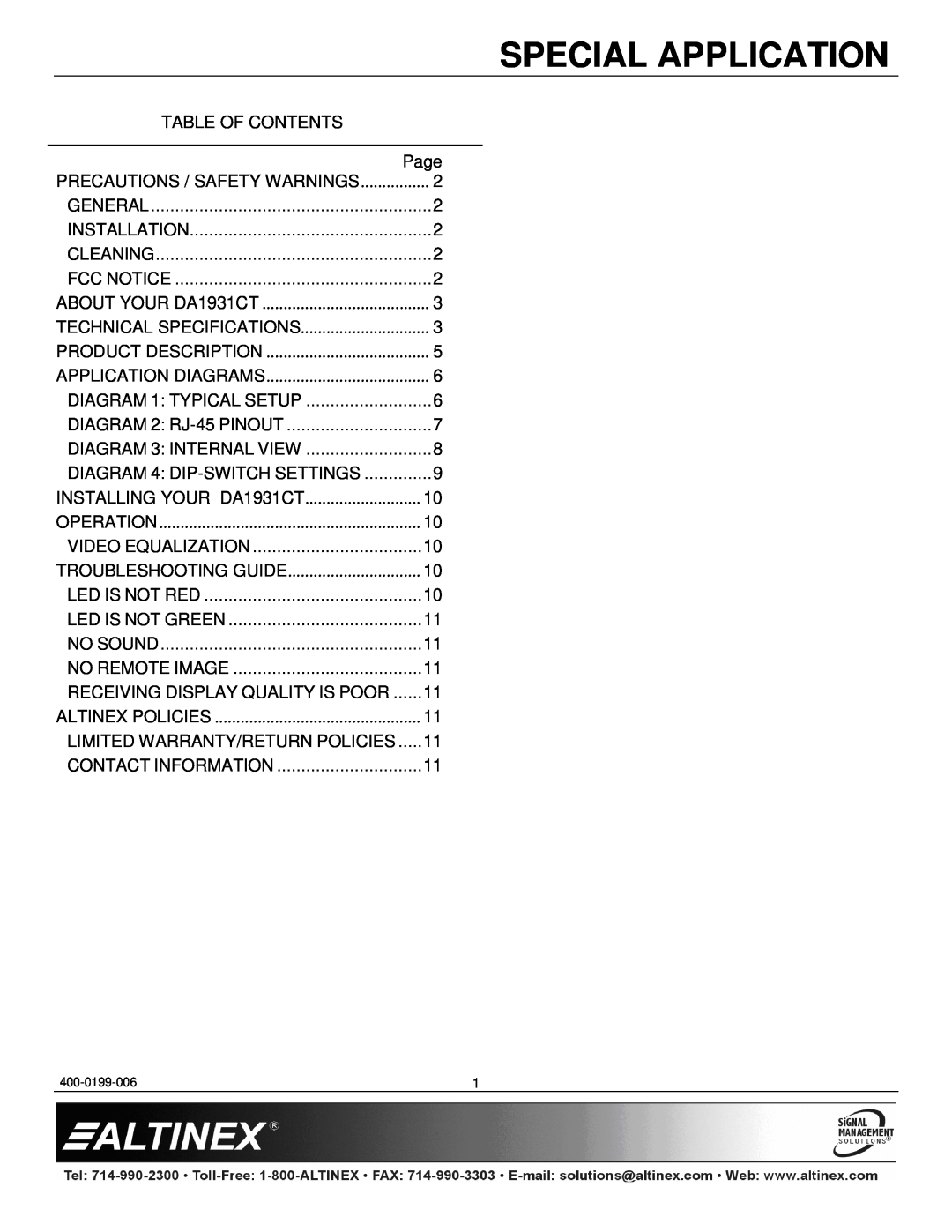 Altinex DA1931CT manual Special Application, Table Of Contents 