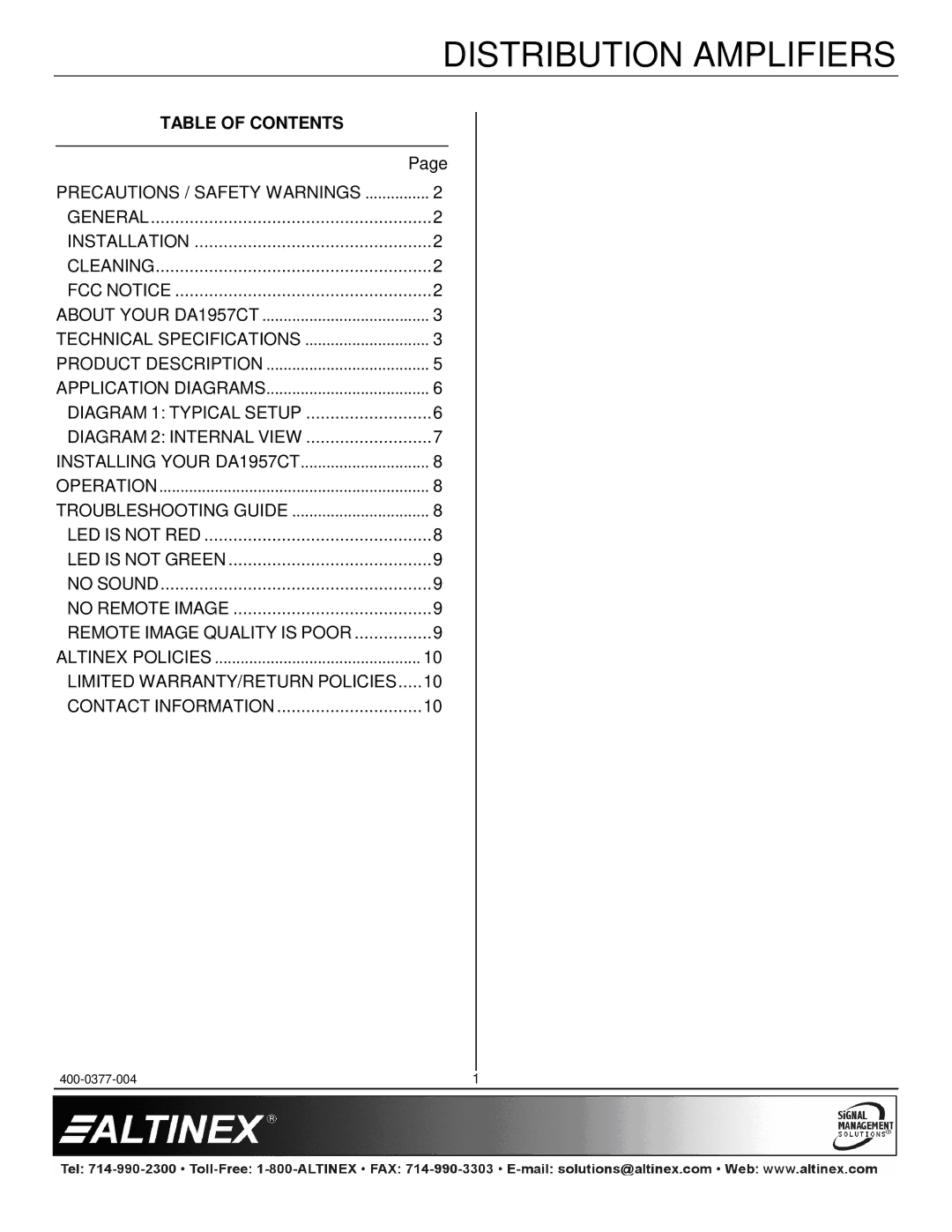 Altinex DA1957CT manual Table of Contents 