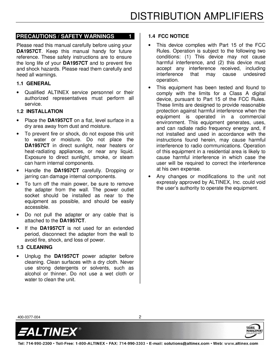 Altinex DA1957CT manual Precautions / Safety Warnings, General, Installation, Cleaning, FCC Notice 