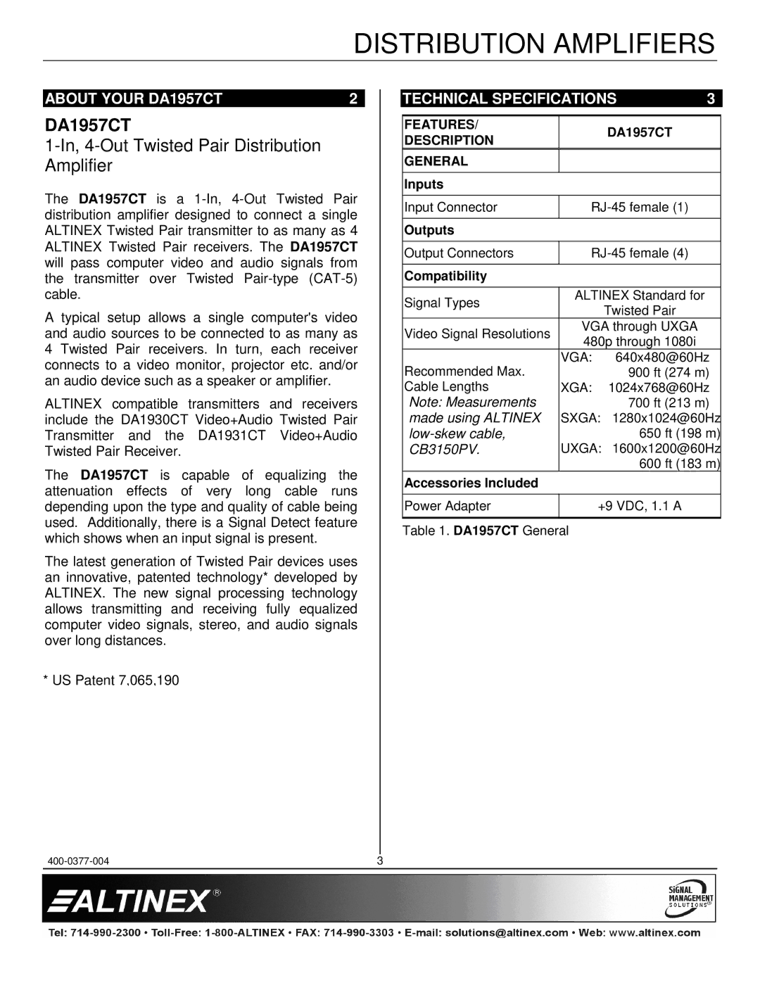 Altinex manual About Your DA1957CT, Technical Specifications 