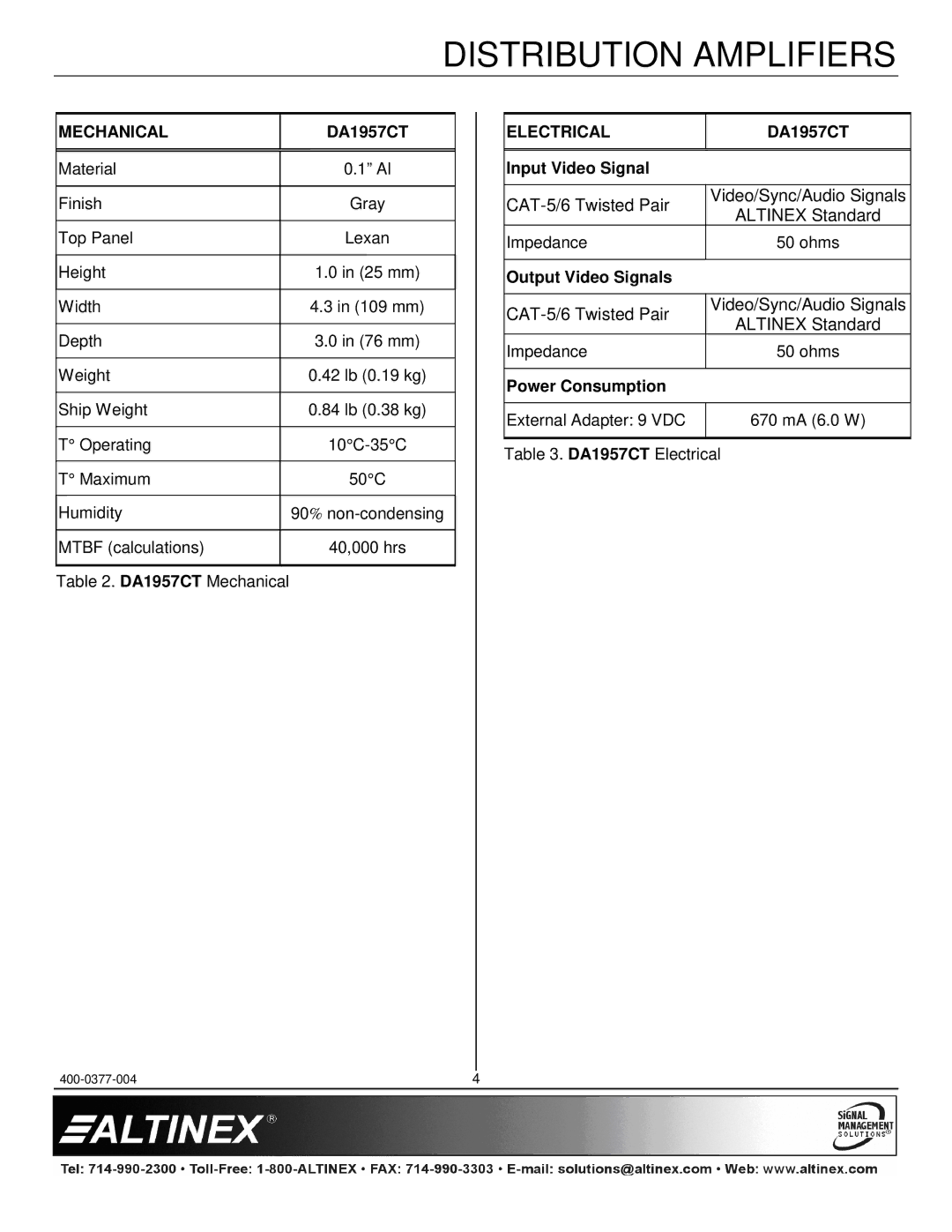 Altinex DA1957CT manual Electrical 