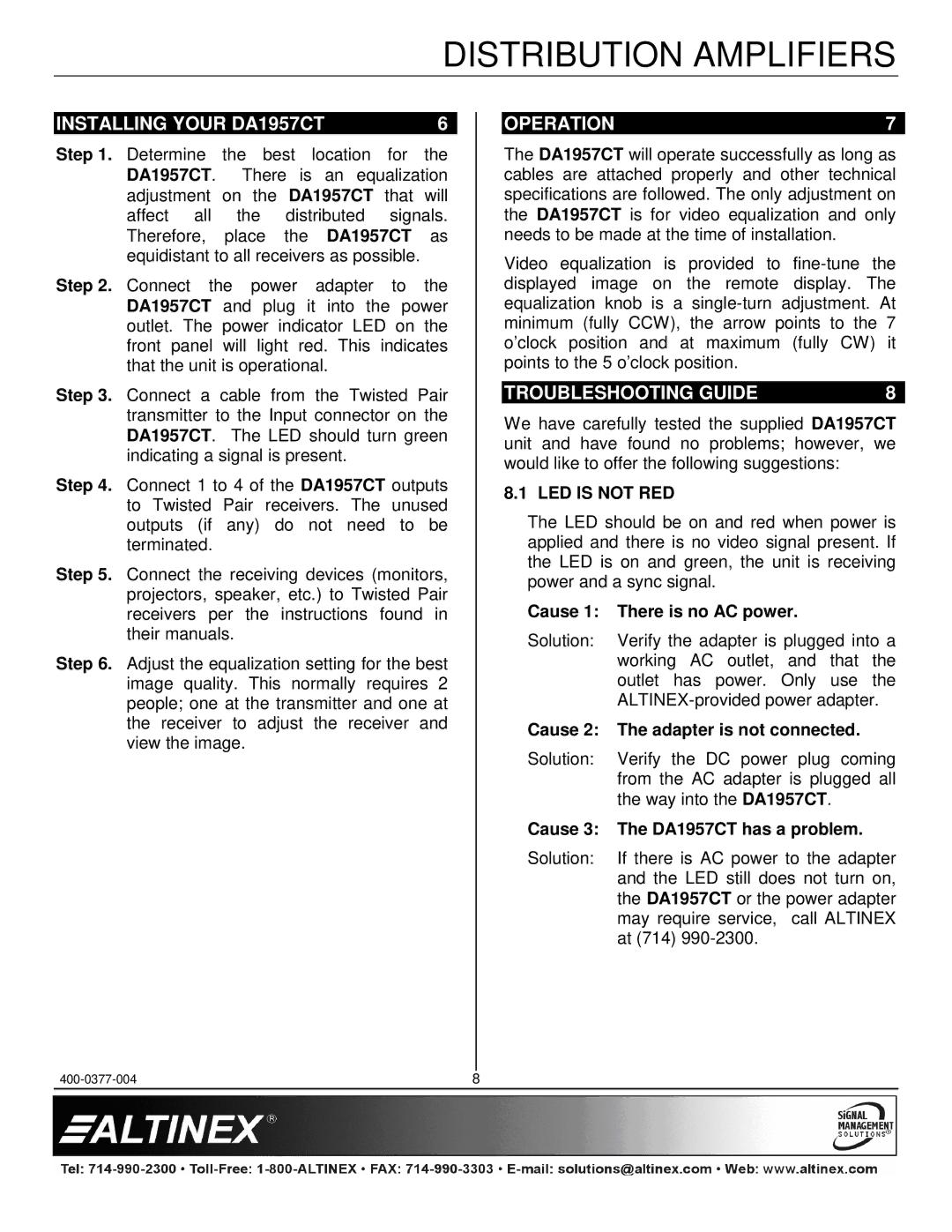 Altinex manual Installing Your DA1957CT, Operation, Troubleshooting Guide, LED is not RED 