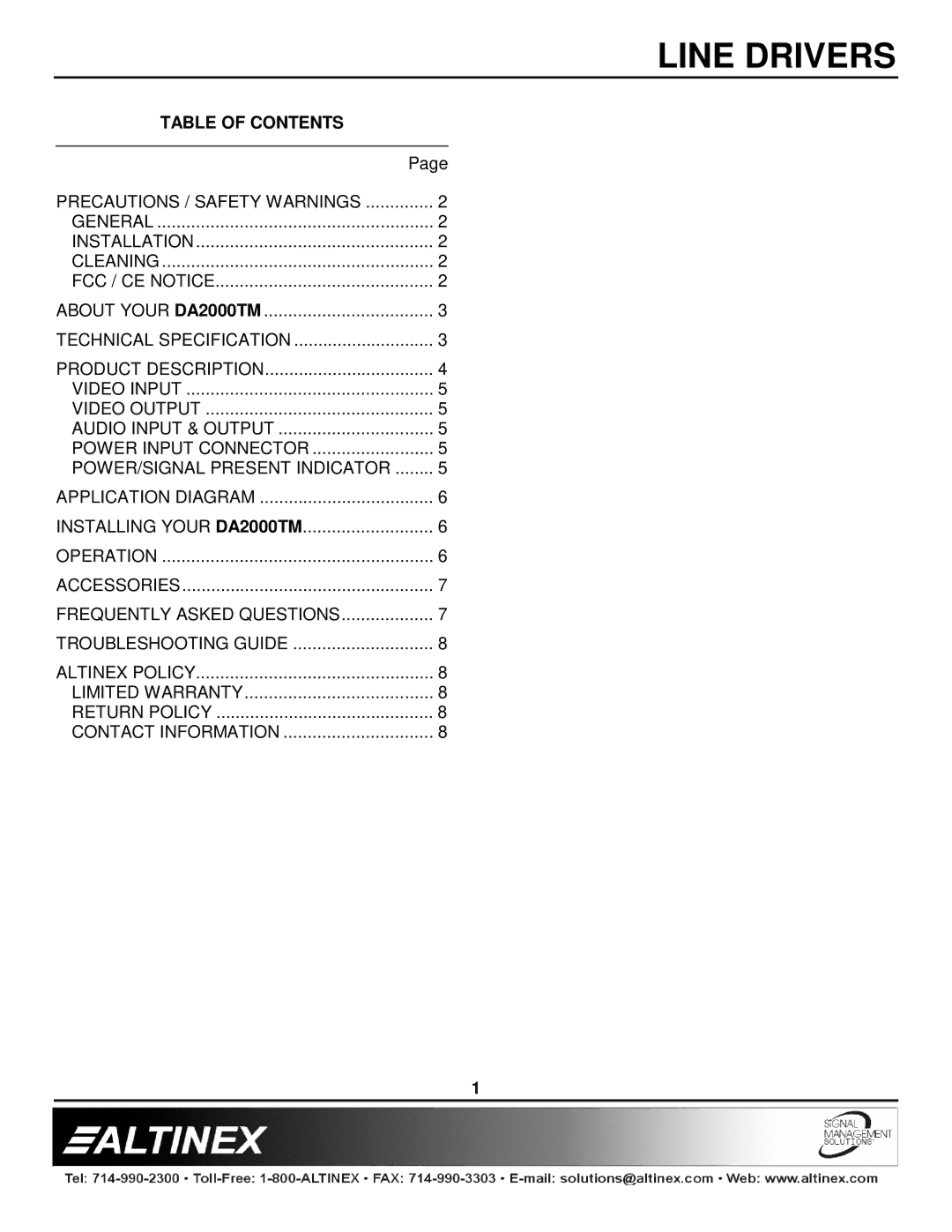 Altinex DA2000TM manual Table of Contents 