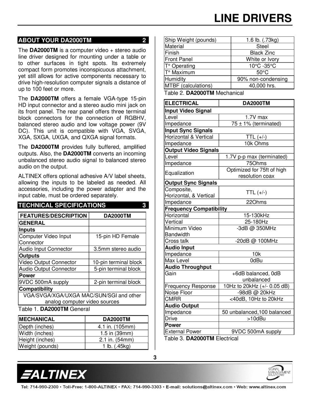 Altinex manual About Your DA2000TM, Technical Specifications 