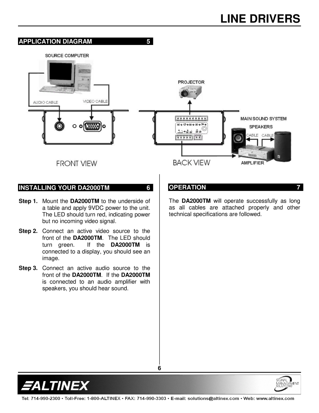 Altinex manual Application Diagram Installing Your DA2000TM, OPERATION7 