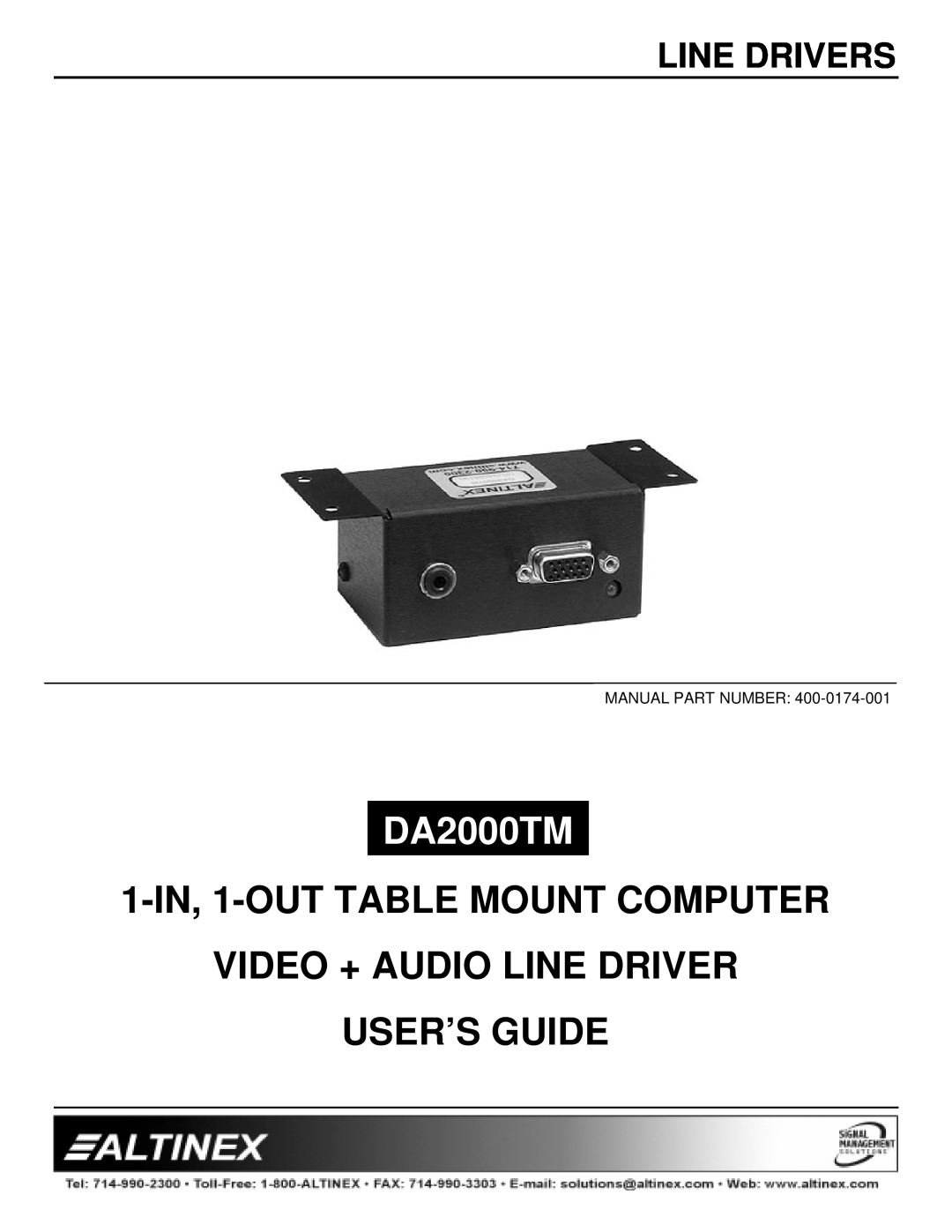 Altinex DA2000TM manual Line Drivers, 1-IN, 1-OUT TABLE MOUNT COMPUTER VIDEO + AUDIO LINE DRIVER, User’S Guide 
