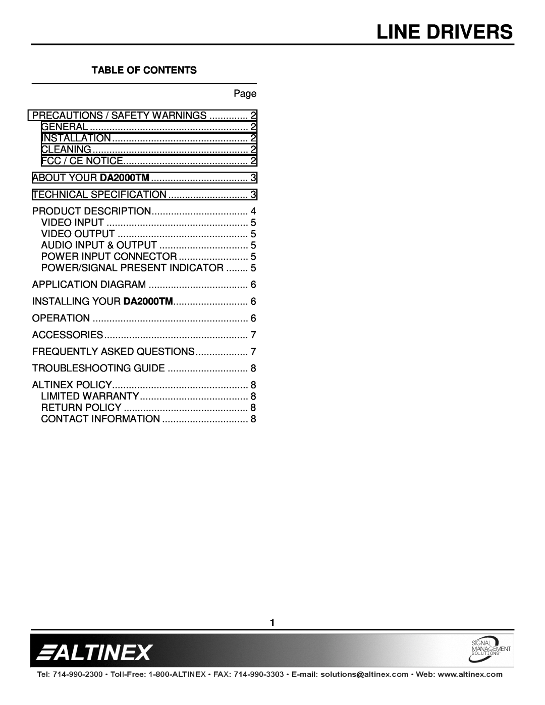Altinex DA2000TM manual Table Of Contents, Line Drivers 