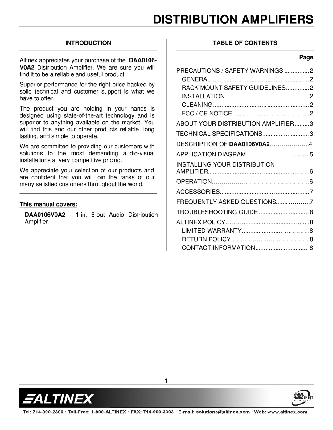 Altinex DAA0106-V0A2 manual Introduction, Table of Contents 