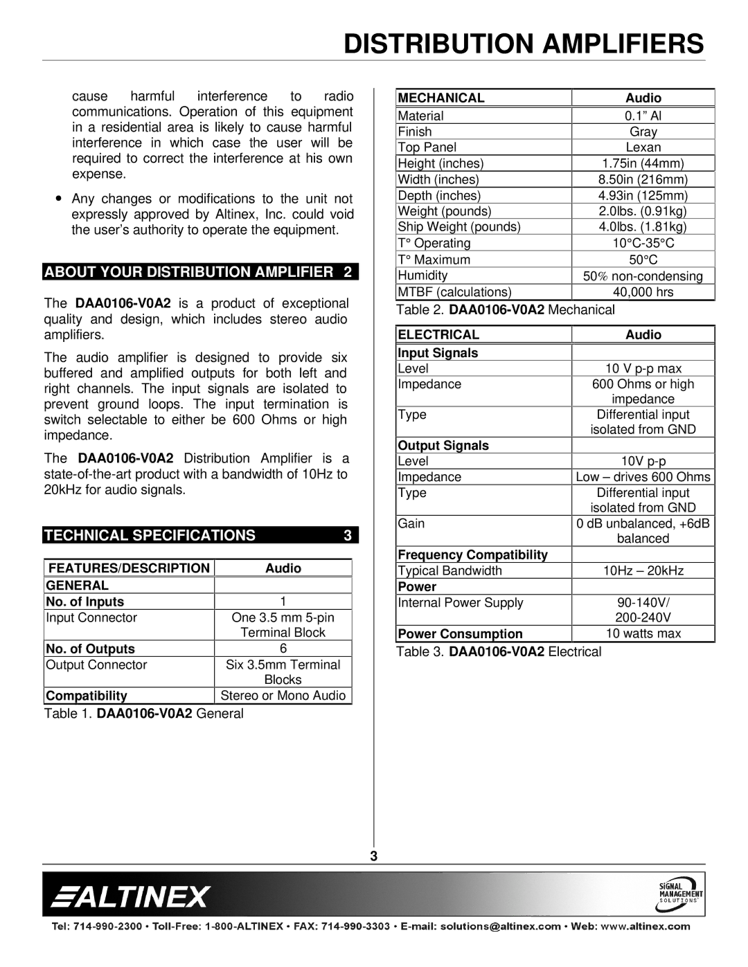 Altinex DAA0106-V0A2 manual About Your Distribution Amplifier, Technical Specifications 