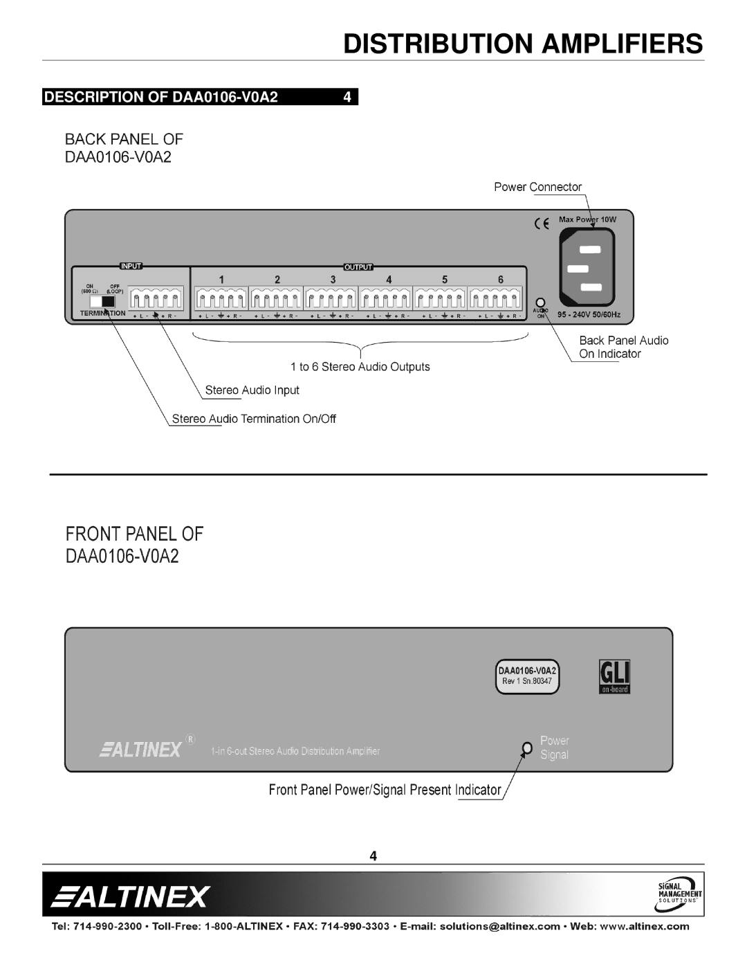 Altinex manual Distribution Amplifiers, Description of DAA0106-V0A2 