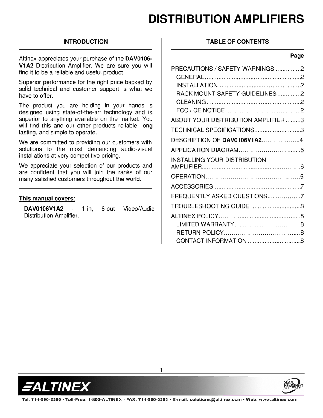 Altinex DAV0106-V1A2 manual Introduction, Table of Contents 