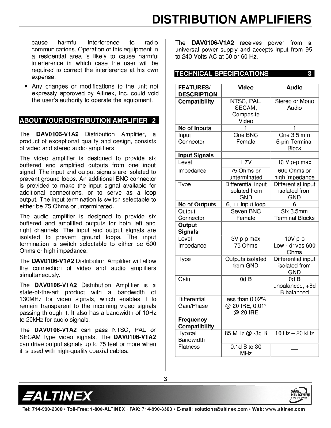 Altinex DAV0106-V1A2 manual Technical Specifications, About Your Distribution Amplifier 