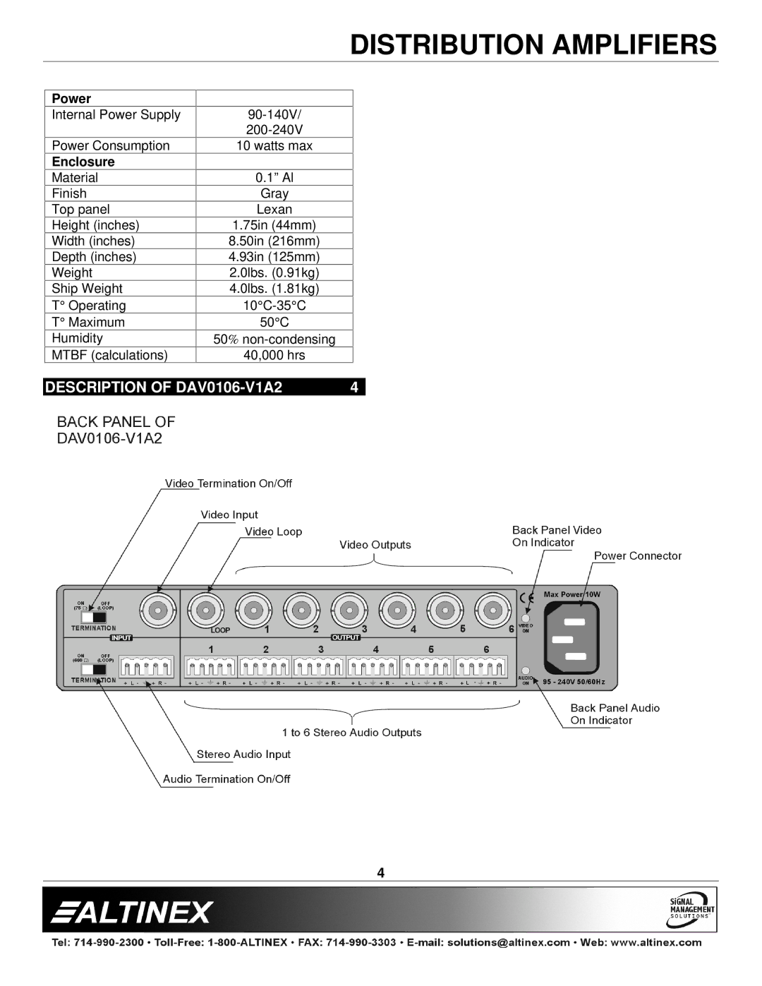 Altinex manual Description of DAV0106-V1A2, Enclosure 