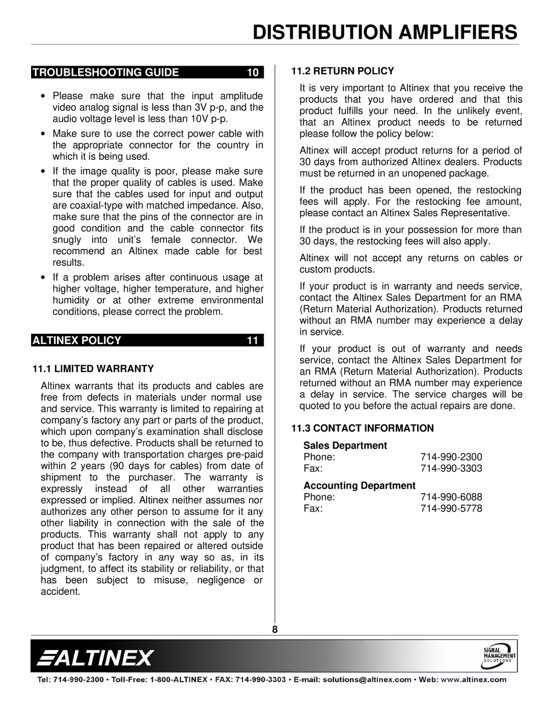 Altinex DAV0106-V1A2 manual Troubleshooting Guide, Altinex Policy, Limited Warranty, Return Policy, Contact Information 