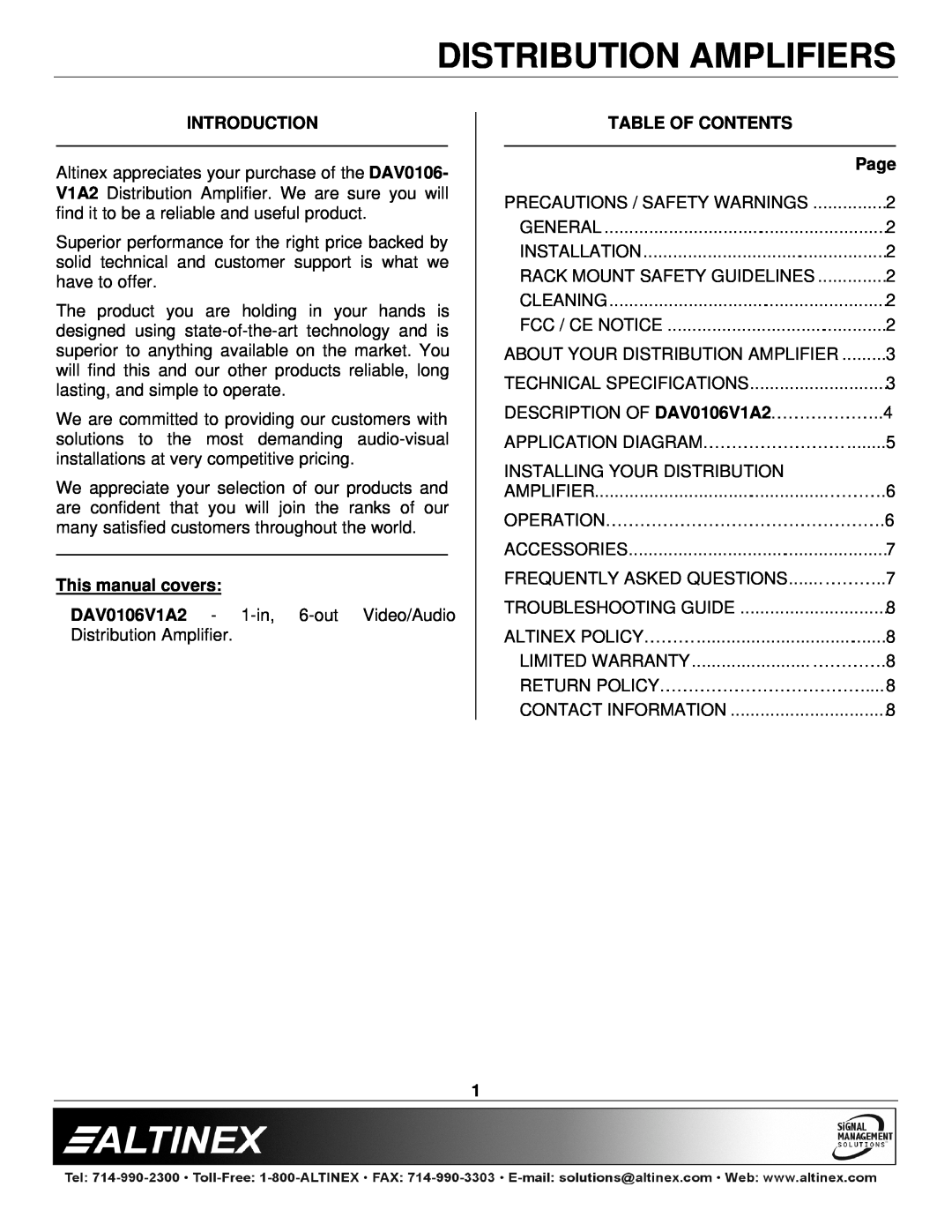 Altinex DAV0106-V1A2 Introduction, This manual covers, Table Of Contents, Page, Distribution Amplifiers 