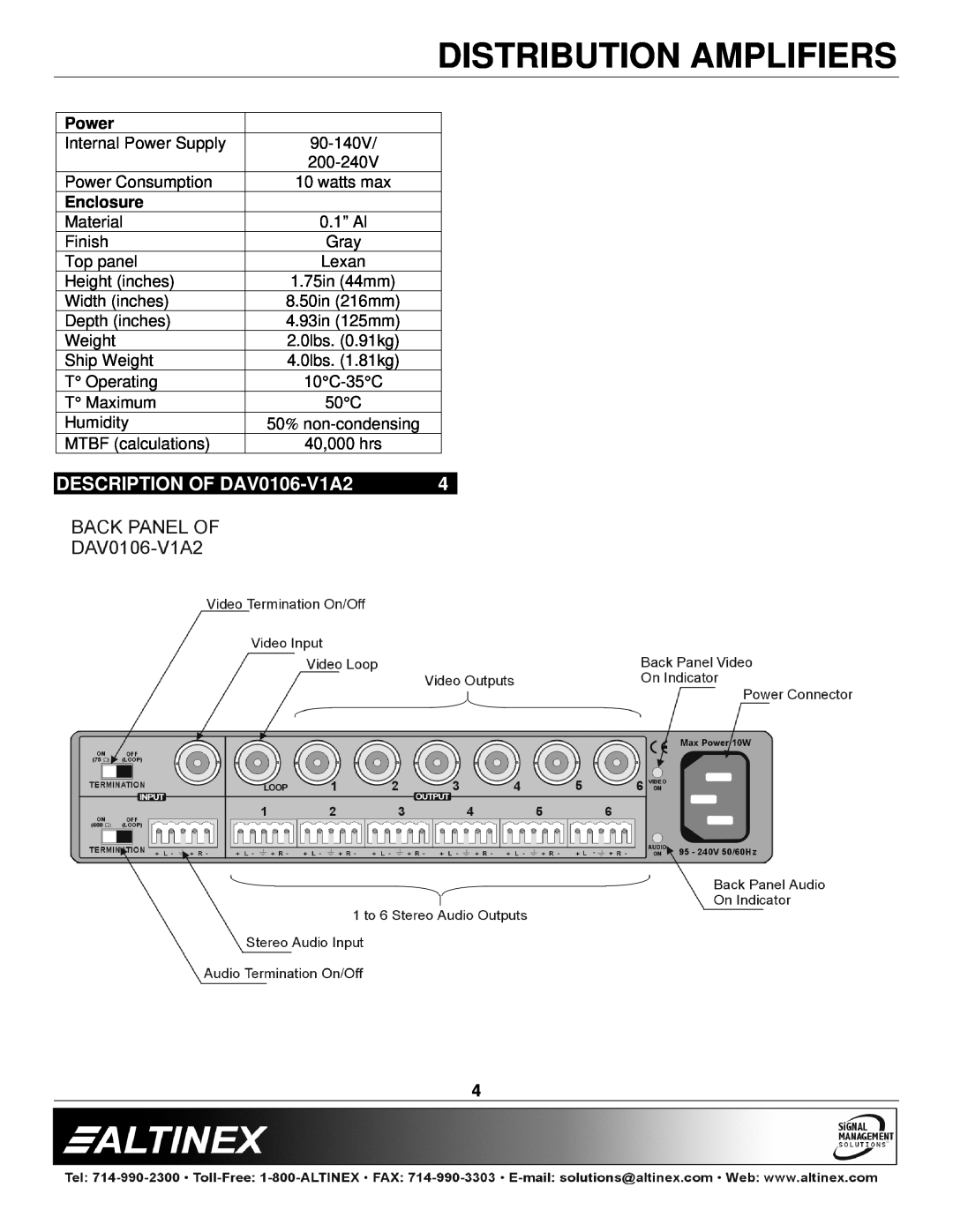 Altinex DESCRIPTION OF DAV0106-V1A2, Distribution Amplifiers, Internal Power Supply Power Consumption, Enclosure 