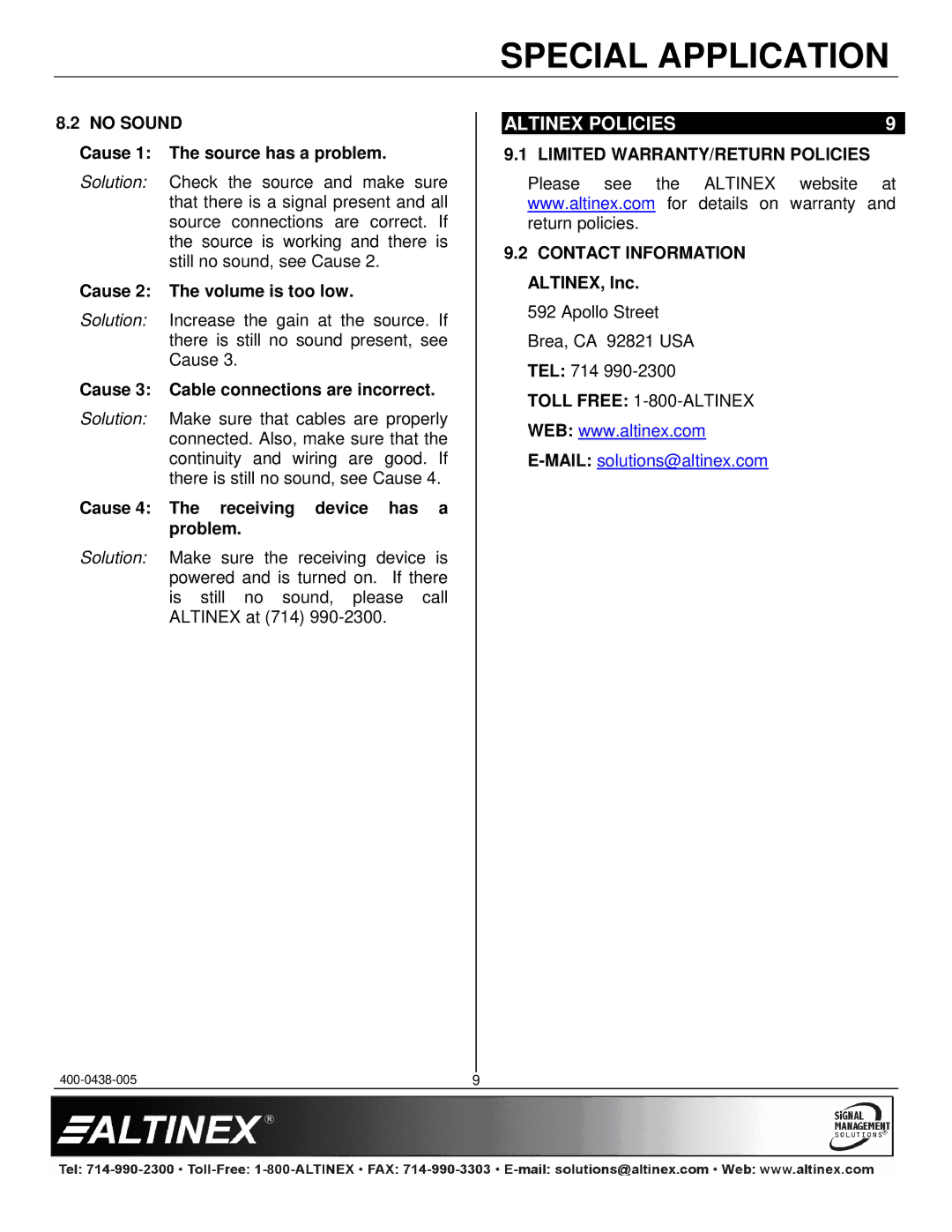 Altinex DS801-110 manual Altinex Policies, No Sound, Limited WARRANTY/RETURN Policies 