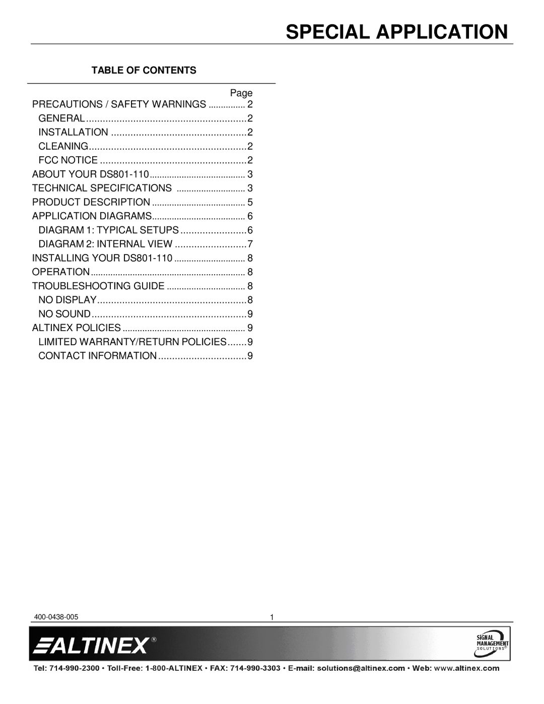 Altinex DS801-110 manual Table of Contents 