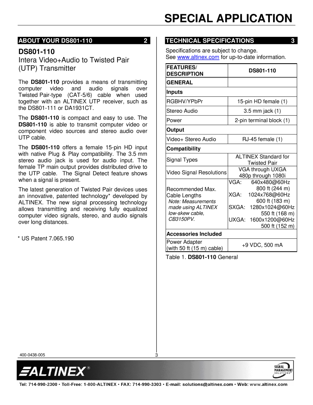 Altinex manual About Your DS801-110, Technical Specifications, Features, Description, General 