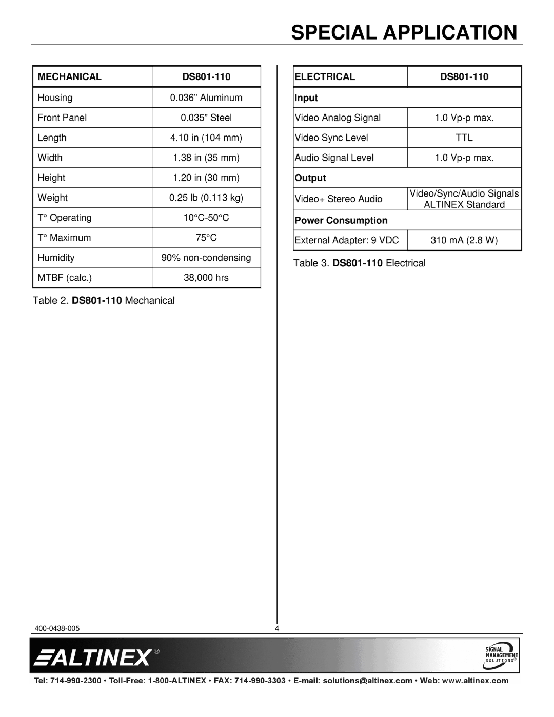 Altinex DS801-110 manual Mechanical, Electrical 