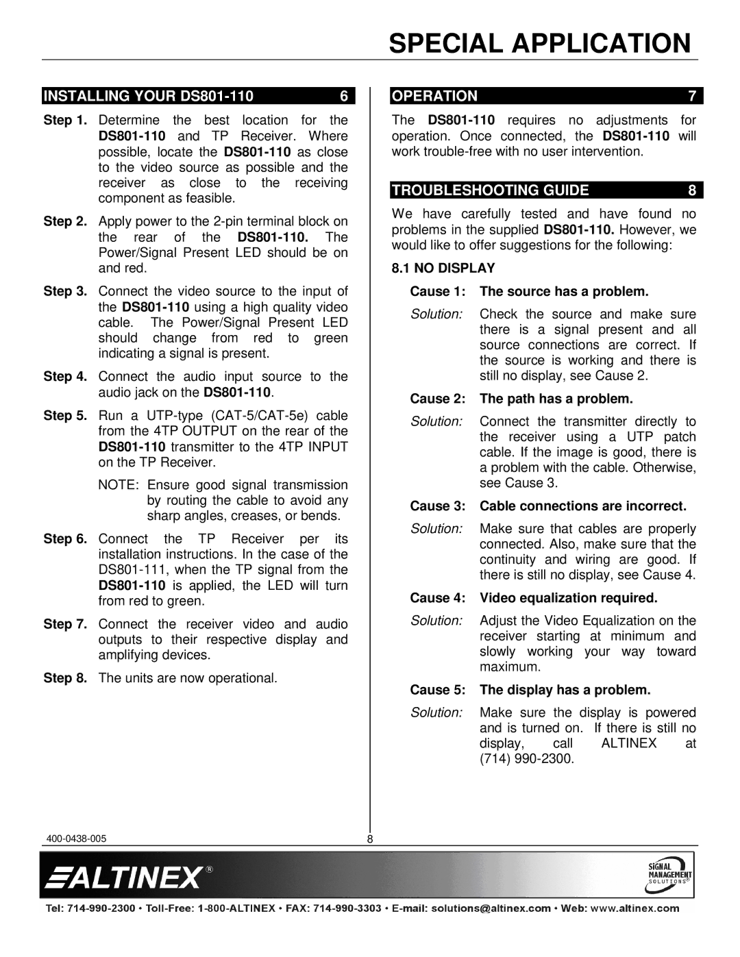 Altinex manual Installing Your DS801-110, Operation, Troubleshooting Guide, No Display 