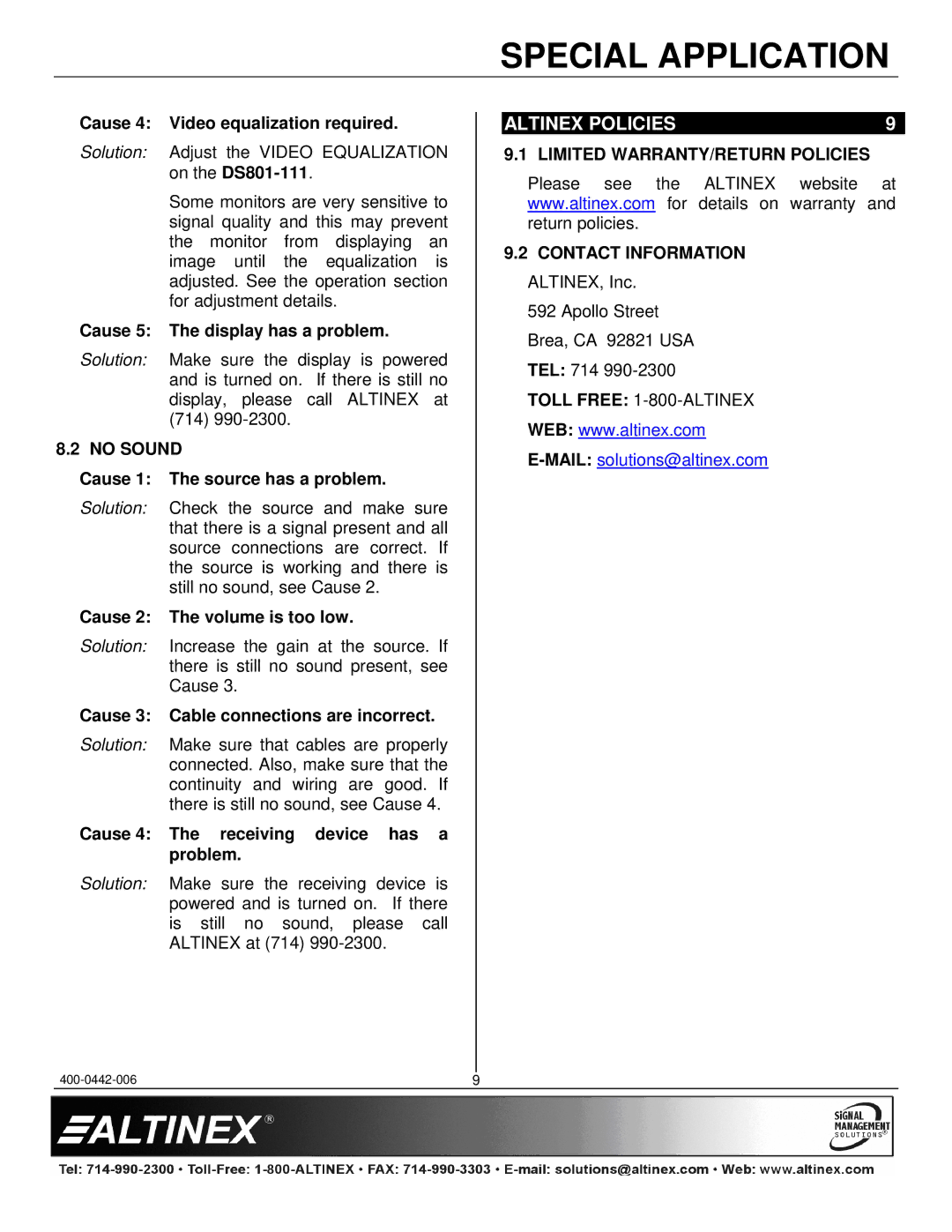 Altinex DS801-111 manual Altinex Policies, No Sound, Limited WARRANTY/RETURN Policies Contact Information 