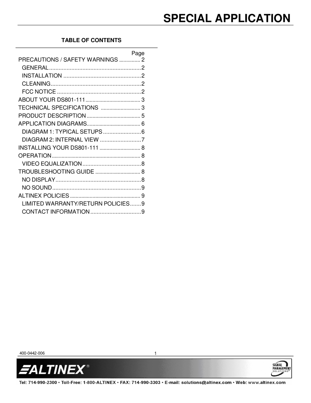 Altinex DS801-111 manual Table of Contents 