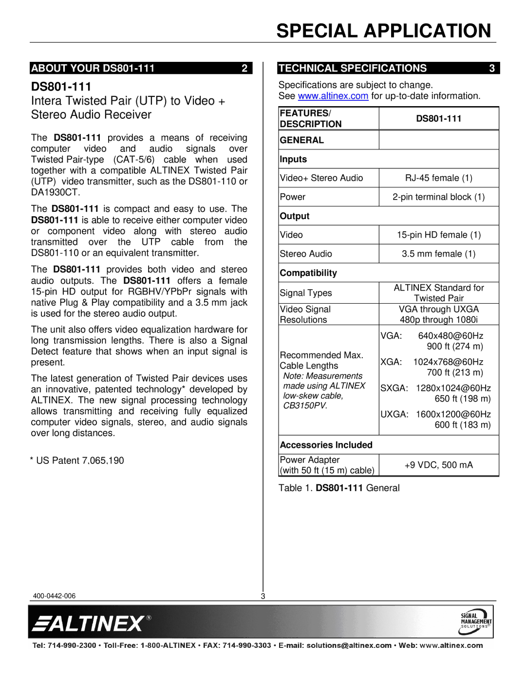 Altinex manual About Your DS801-111, Technical Specifications 