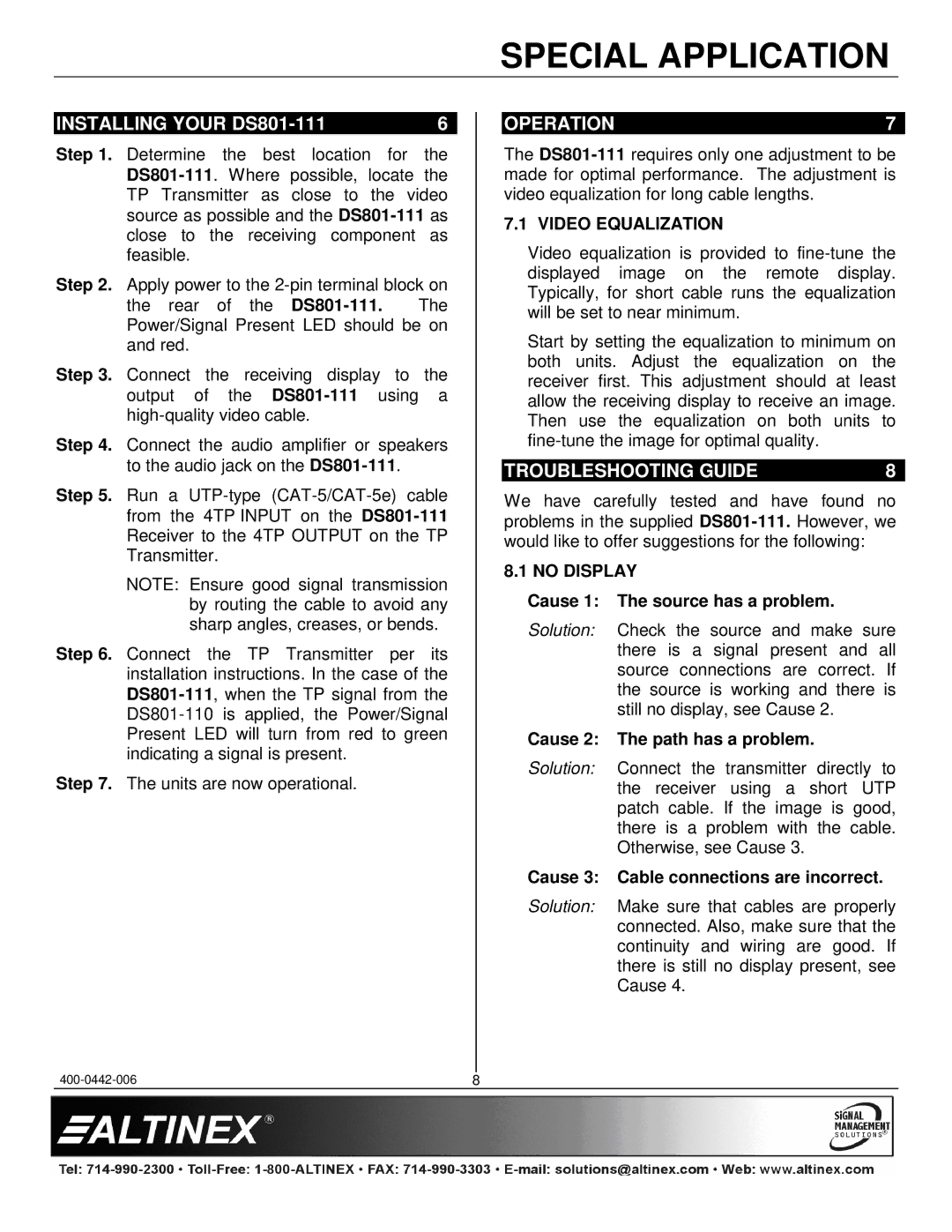 Altinex manual Installing Your DS801-111, Operation, Troubleshooting Guide, Video Equalization, No Display 