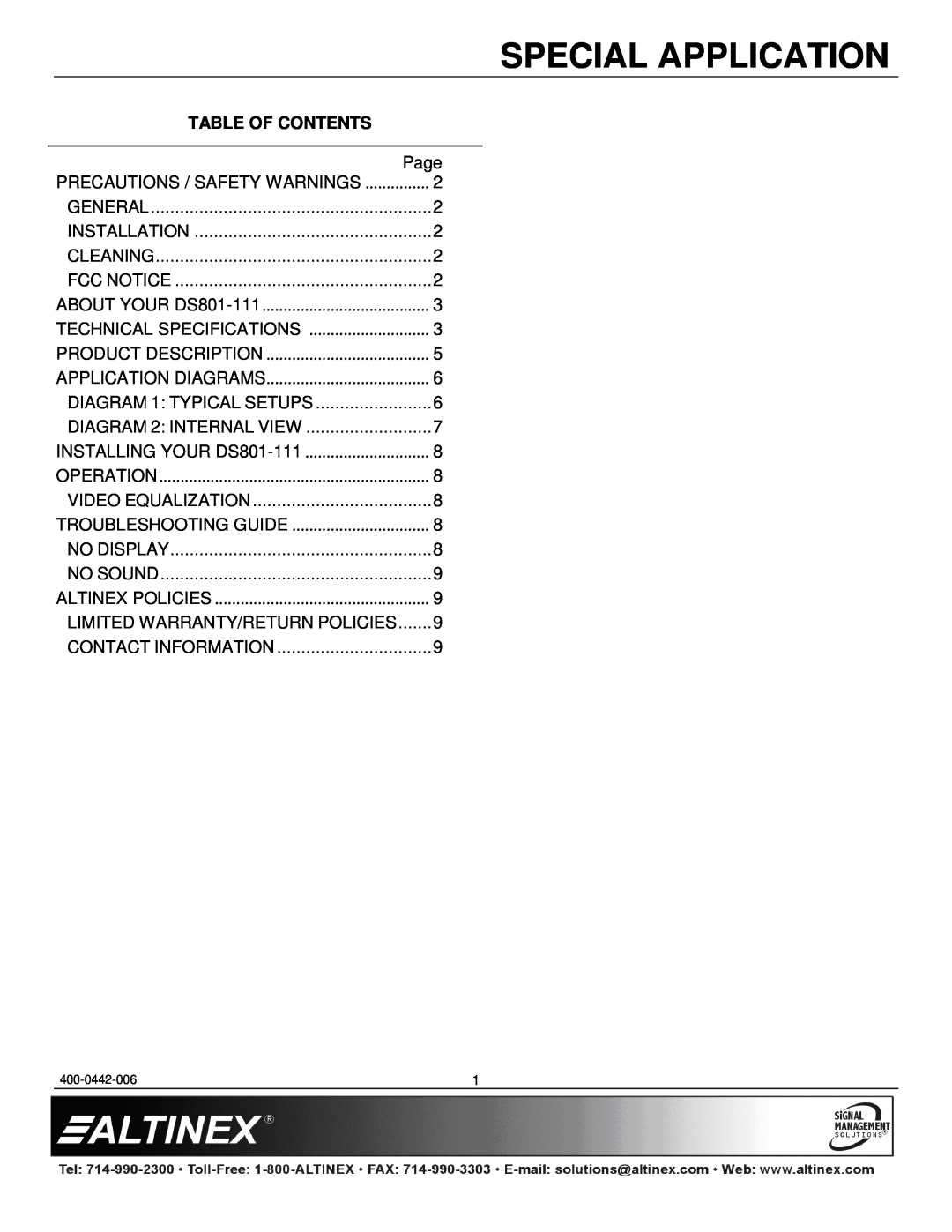 Altinex DS801-111 manual Table Of Contents, Special Application 