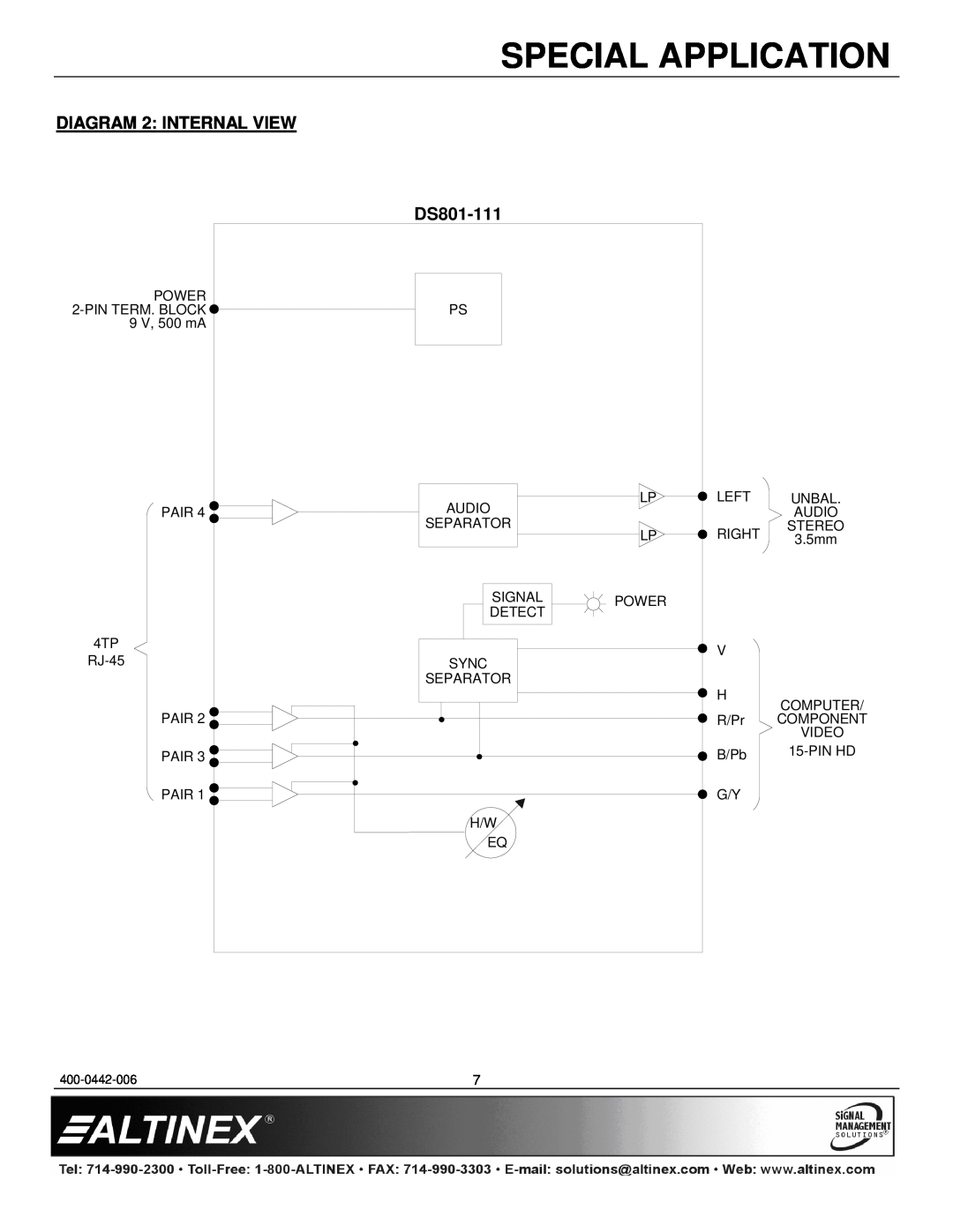 Altinex DS801-111 manual DIAGRAM 2 INTERNAL VIEW, Special Application 