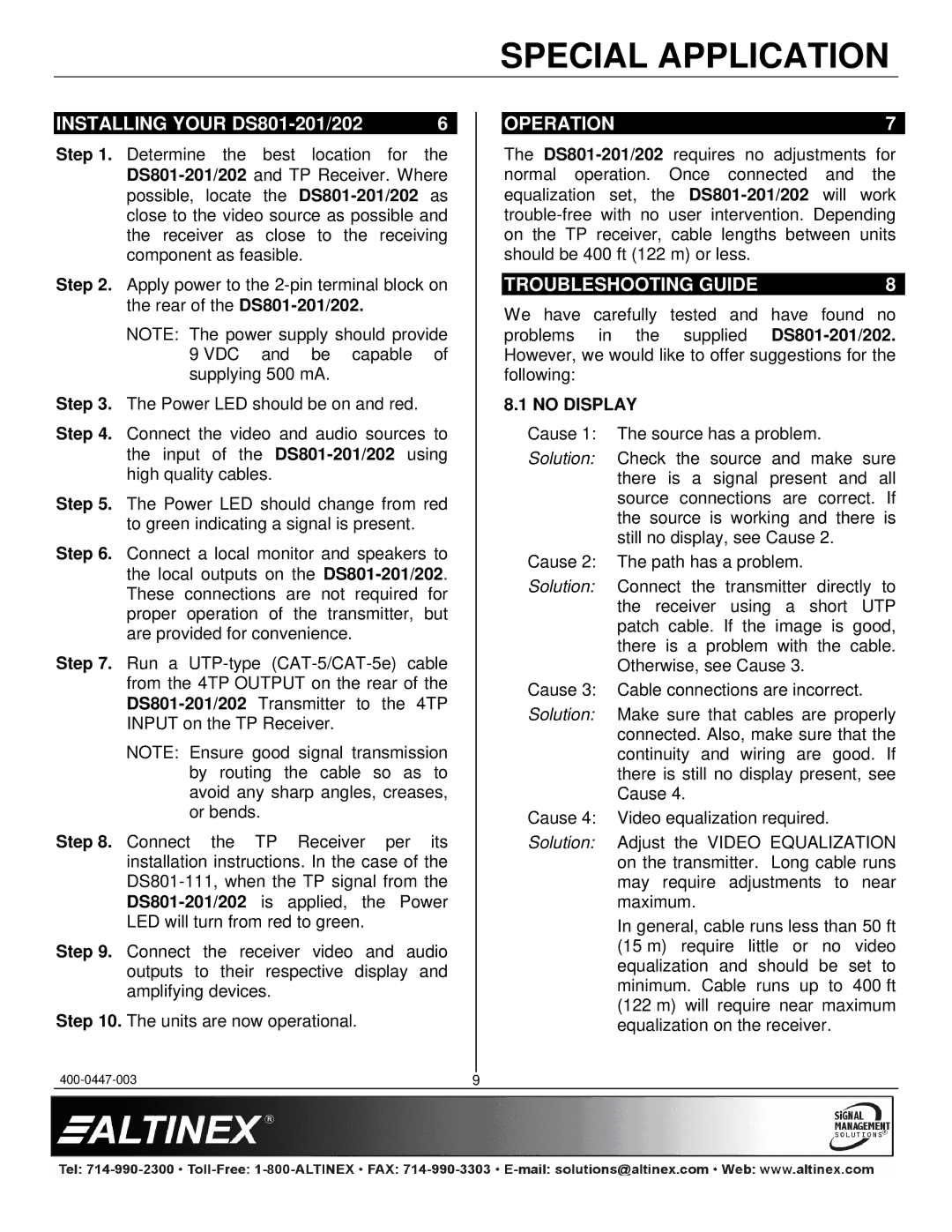 Altinex DS801-202 manual Installing Your DS801-201/202, Operation, Troubleshooting Guide, No Display 