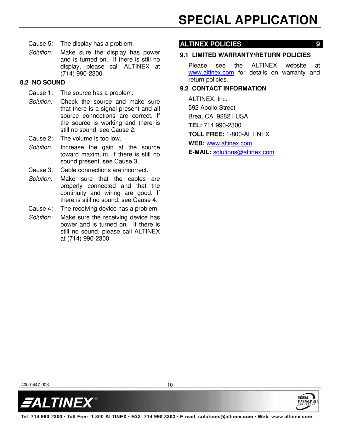 Altinex DS801-201, DS801-202 manual Altinex Policies, No Sound, Limited WARRANTY/RETURN Policies Contact Information 