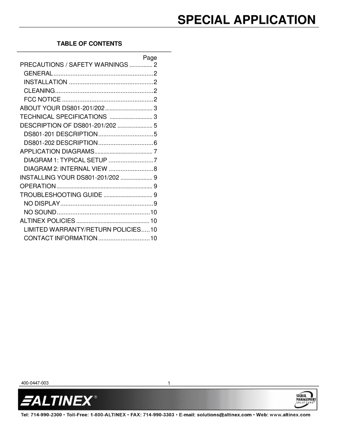 Altinex DS801-202, DS801-201 manual Table of Contents 