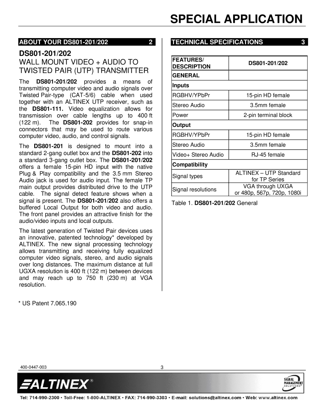 Altinex DS801-202 manual DS801-201/202, Technical Specifications 