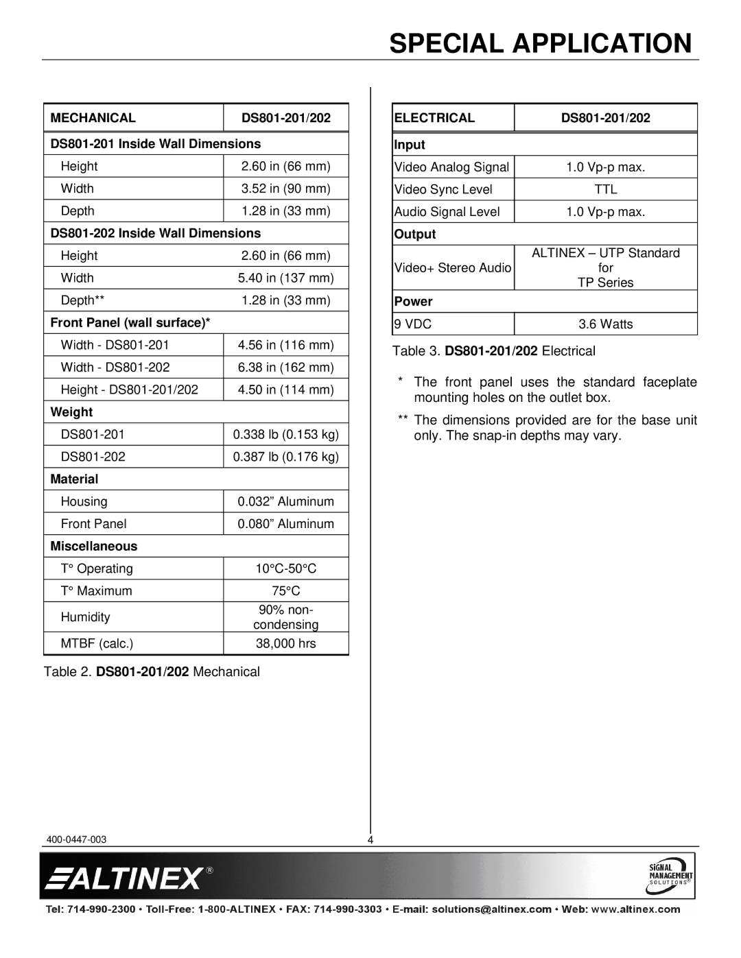 Altinex DS801-202 manual DS801-201/202Mechanical 