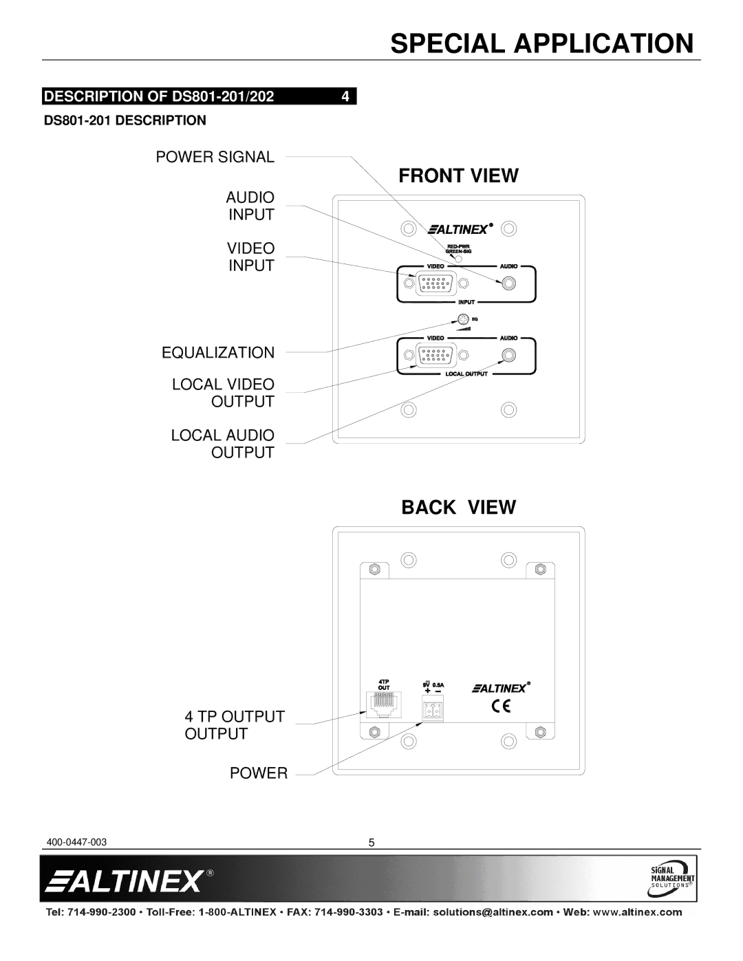 Altinex DS801-202 manual Description of DS801-201/202, DS801-201 Description 